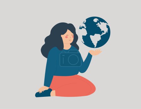 Young woman holds the earth with her hand. Feminist female sits and cares the world globe. International Earth day. Environment protection and energy saving. Woman's empowerment concept. Vector stock