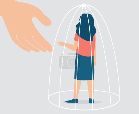 Illustration for Counselor supports a woman and helps her to escape from a cage to get rid of depression, stress, and drug addiction. Psychological therapy, rehabilitation, women empowerment and mental health concept. - Royalty Free Image