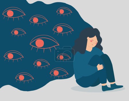 Illustration for Sad woman surrounded by big evil eyes, feels helpless and overwhelmed. Teenage girl suffers from gossip, verbal abuse and bullying. Concept of mental health disorder, phobia, and fears. Vector stock. - Royalty Free Image