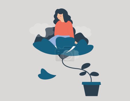 Illustration for Sad woman sitting on the fading flower and suffers from emotional depression and stress. Teenage Girl lost of interest and feeling of pleasure in her life. Mental health disorders. Vector illustration - Royalty Free Image
