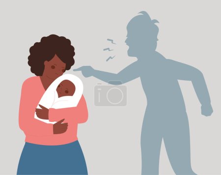 African American mother protects her child from a man's shadow that threats and yell at them. couple argue and fight. Concept of family abuse, domestic violence. Stop bullying women. Vector stock