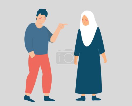 Illustration for Man blames a woman with hijab and make fun of her. Muslim wife offended and abused by her husband. Couple argue and fight. Stop bullying women. Concept of domestic violence, racism and stereotype. - Royalty Free Image