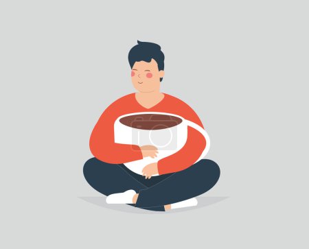 Illustration for Happy man embraces sits in lotus yoga pose and embraces a big cup of coffee. Young guy with closed eyes holds a mug of caf or cacao with enjoyment. Concept of body positive and caffeine lovers. - Royalty Free Image