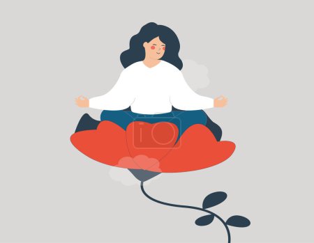 Glückliche Frau, die Yoga praktiziert und in Lotus-Pose in einer großen Blume sitzt. Das weibliche Mädchen meditiert, atmet ein und aus, um Stress und Depressionen loszuwerden. Konzept der positiven körperlichen und geistigen Gesundheit.