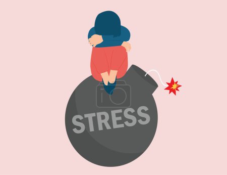 Woman crying and carrying accumulated negative emotional overload. Lonely teenage girl sitting on a stress bomb with burning fuse due to daily pressure. Mental health disorder or illness concept