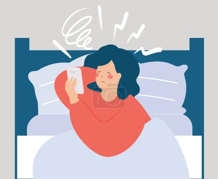 Illustration for Sad woman checking her mobile and reads negative comments, critics and insults in her bed. Girl victim of cyberbullying and abuse on social media. mental health disorder concept. Vector illustration - Royalty Free Image