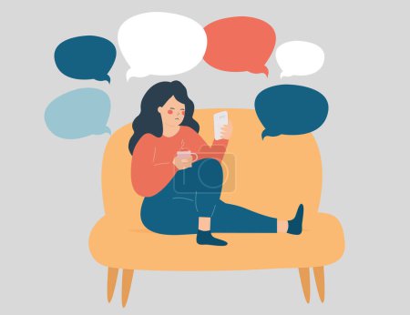 Illustration for Sad woman checking her mobile and reads negative comments. Stressed teenage girl scrolling phone and read bad messages in social media. Illustration of Cyberbullying, bullying, and psychological abuse - Royalty Free Image