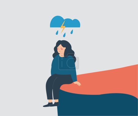 Triste femme assise au bord d'une falaise souffre de troubles de santé mentale et de solitude. Fille malheureuse avec des pensées enchevêtrées et des problèmes psychologiques. Concept de dépression, d'anxiété et de stress.
