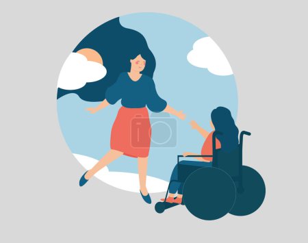 Illustration for Woman helps a person with limited mobility to overcome mental health disorders. Friend or social worker supports a girl in the wheelchair to get rid of depression. Concept of new life, rehabilitation. - Royalty Free Image