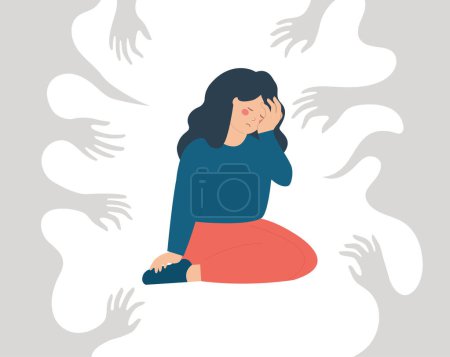 Sad woman victim of bullying. Crying female feels stress, anxiety and depression because of harassment. Stop violence, abuse and cyberbullying. Concept of public condemnation and sex offenders. Vector
