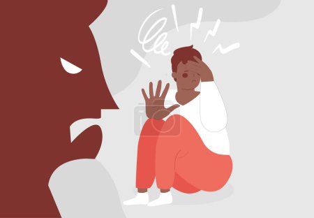 Sad African man or boy suffers from bullying and abuse. Person yelling and insulting an African American child with bad words. Illustration of negative parenting. Stop violence sign concept. Vector