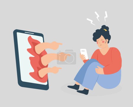 Illustration for Sad woman suffers from abuse and verbal violence on the internet. Girl victim of cyberbullying and cybercrime on social media, checks her mobile and reads negative comments. Cyber bullying Concept. Vector stock - Royalty Free Image