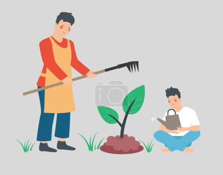 Illustration for Happy father plows and digs the ground while his son watering the plant. Dad teaches his boy gardening outside. Concept of family time, green ecology, earth day and forest conservation. Vector stock - Royalty Free Image