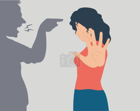 Illustration for Furious man threatening a woman. Female says NO and enough to abuse. Stop domestic violence, and bullying. Wife protests against sexual assault and exploitation. Concept of relationship difficulties - Royalty Free Image