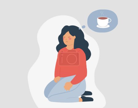 Illustration for Woman feeling dizzy due to caffeine addiction. Person sits on the ground and thinks about a cup of coffee in the morning. Vector illustration - Royalty Free Image