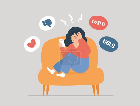 Sad woman suffers from abuse, and mockery on the internet. Teenage girl victim of cyberbullying and scorn on social media, checks her mobile and reads insults. Cyber bullying Concept. Vector stock