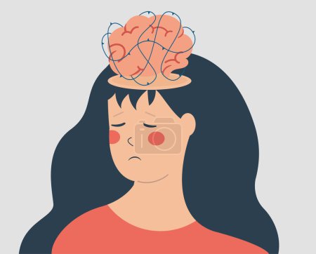 Sad woman with a brain surrounded by the prickly thorns. Female with limited creativity. Brain restriction or dysfunction. Mental health illness and neurological disorders concept. Vector illustration