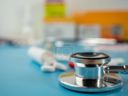 Photo for Medicines and a stethoscope. Capsules and tablets. Close-up. - Royalty Free Image
