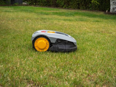 Téléchargez les photos : Robot tondeuse à gazon tondre la pelouse. Robot tondeuse à gazon gros plan. - en image libre de droit