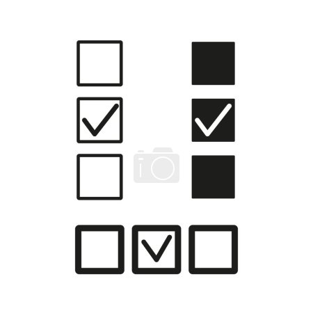 Set of check mark box icons. Various selection signs, black and white vector. Checkbox confirmation elements. EPS 10.