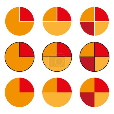 Set of pie chart vector icons. Red and yellow segmented circles. Data visualization elements. Vector infographic segments. EPS 10.