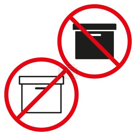 Prohibited storage box icons. No container allowed symbols. Ban on boxes sign. Red circle warning. EPS 10.