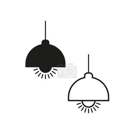 Hanging pendant lamps with light rays vector. Black and white ceiling lights illustration. Vector icons of interior lighting. EPS 10.