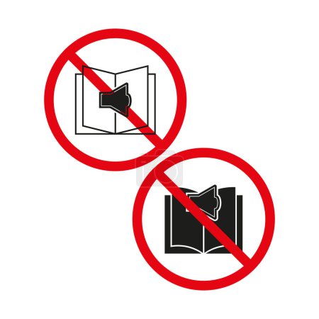 No sound icon. Book and speaker. Red prohibition sign. Vector illustration. EPS 10.