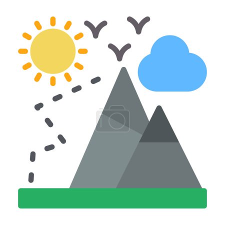 Téléchargez les illustrations : Montagnes, soleil, paysage avec montagne, oiseaux et nuages, Alpinisme ligne plate icône vectorielle icône bannière modèle - en licence libre de droit