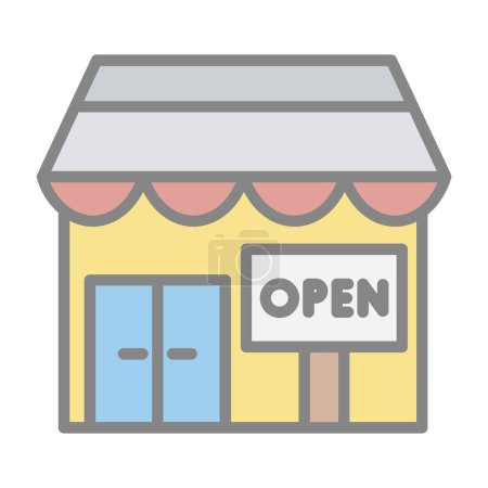 Téléchargez les photos : Bâtiment de magasin avec icône ouverte signe, conception d'illustration vectorielle - en image libre de droit