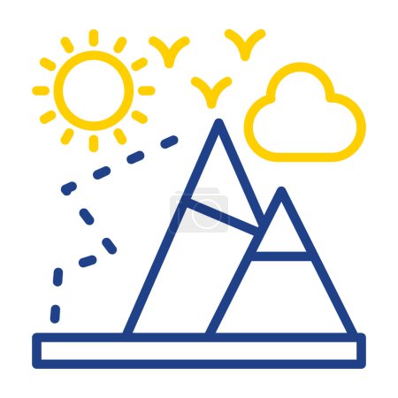 Illustration for Mountains, sun, landscape with mountain, birds and cloud, Mountaineering flat line icon vector icon banner template - Royalty Free Image