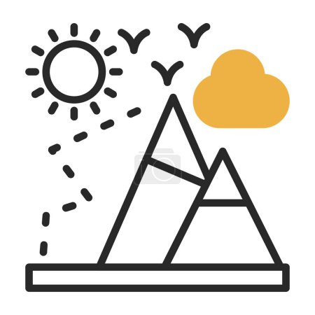 Ilustración de Montañas, sol, paisaje con montaña, aves y nubes, montañismo línea plana icono vector icono banner plantilla - Imagen libre de derechos