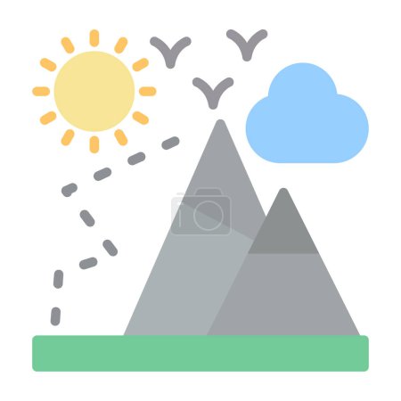 Illustration for Mountains, sun, landscape with mountain, birds and cloud, Mountaineering flat line icon vector icon banner template - Royalty Free Image