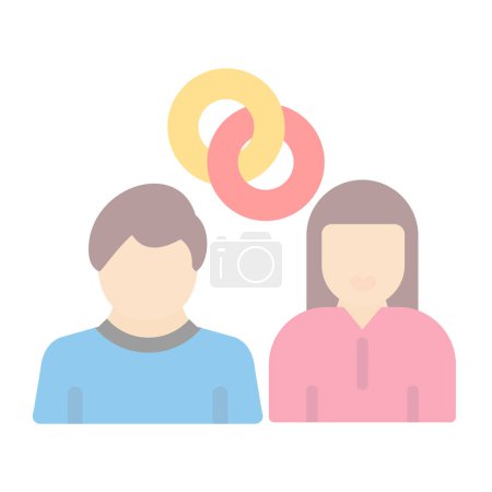 Téléchargez les illustrations : Homme et femme avec anneaux, Icônes vectorielles plates de mariage - en licence libre de droit