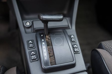 Photo for Riga, Latvia - April 1, 2024: Automatic shift knob of classic BMW E30 car. - Royalty Free Image