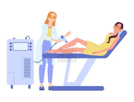 Illustration for Laser hair removal. Two women in a beauty salon in cartoon style. Vector illustration isolated on white background. - Royalty Free Image