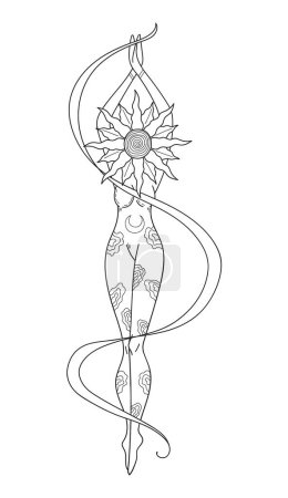Illustration for Hand drawn mystical woman with sun head in line art. Spiritual abstract silhouette young woman with ribbon. Esoteric talisman. Vector illustration isolated on white background. - Royalty Free Image
