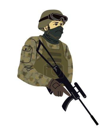 Army soldier in camouflage combat uniform with gun and mask on face. Portrait in flat cartoon style. Vector illustration isolated on white background.