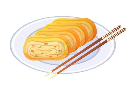 Illustration for Japanese egg roll on plate. Asian food in cartoon style. Colorful vector illustration isolated on white background. - Royalty Free Image