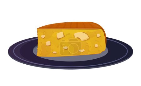 Illustration for Sopa paraguaya cake with cheese. Paraguay dish. Latin American food. Colorful vector illustration isolated on white background. - Royalty Free Image