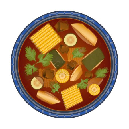 Illustration for Sancocho soup. Meats and vegetables stew. Latin American food. Close up bowl top view. Colorful vector illustration isolated on white background. - Royalty Free Image