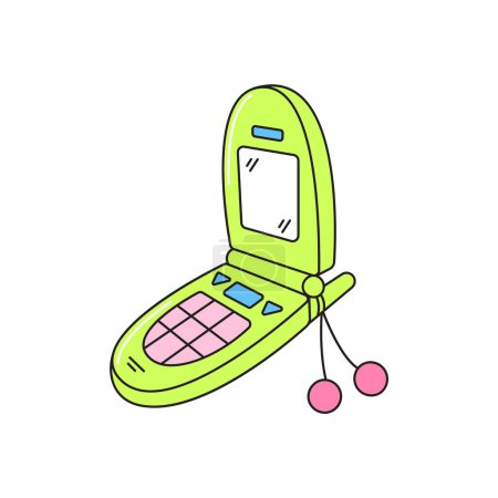 Ilustración de Mobile phone retro 90s style. Colorful vector sticker isolated on white background. - Imagen libre de derechos