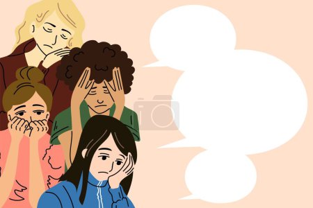 Illustration for Banner with sad stressed women with bubble speech. Template. Vector illustration in cartoon flat style. - Royalty Free Image