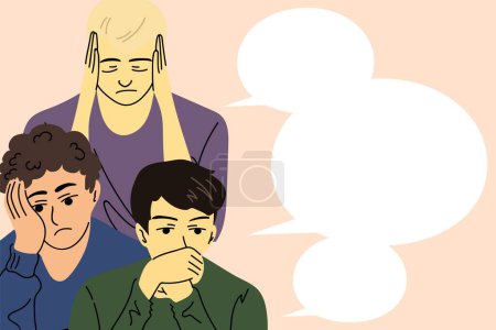 Illustration for Banner with sad stressed men with bubble speech. Template. Vector illustration in cartoon flat style. - Royalty Free Image