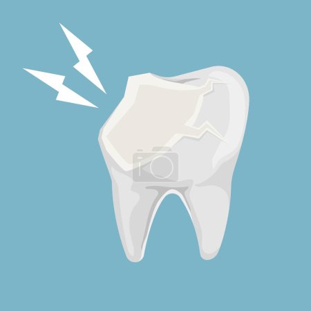 Gebrochener Zahn. Gebrochener Zahn im flachen Stil. Zahngesundheit. Vektordarstellung isoliert auf blau.