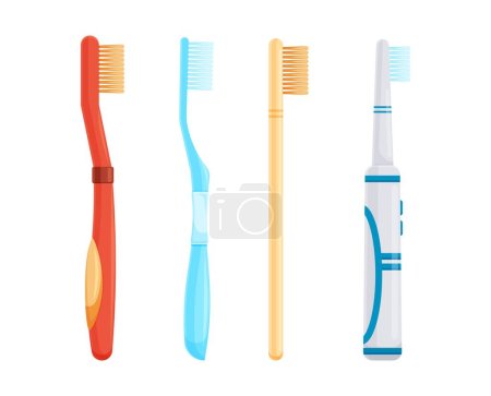 Illustration for Teeth brushes set. Oral Care equipment, medical and dentistry healthcare. Vector illustration in cartoon style isolated on white background. - Royalty Free Image