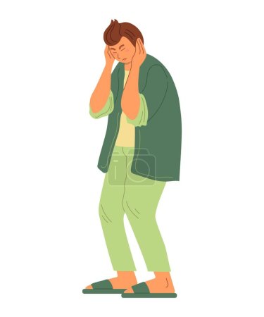 Illustration for Depressed sad man holding his head. Male character in cartoon style. Flat vector illustration isolated on white background. - Royalty Free Image