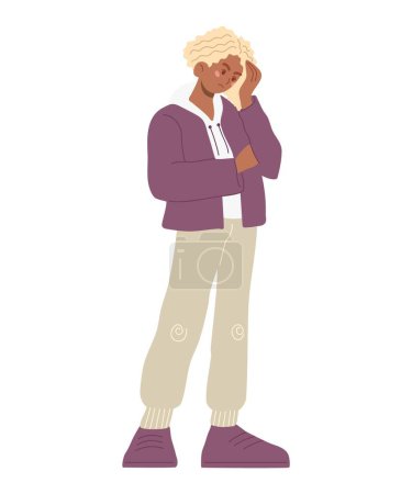Illustration for Sad guy with problems. Teenagers psychological problems. Young male character in cartoon style. Flat vector illustration isolated on white. - Royalty Free Image