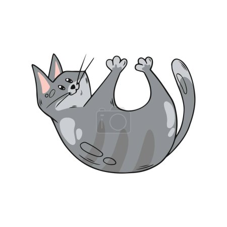 Cute playful cat. Grey kitten in hand drawn style. Vector illustration isolated on white background.