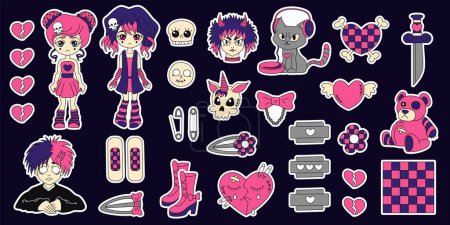 Y2k emo black pink stickers set. Girl, boy, kawaii bear, heart, tattoo and other elements in trendy emo goth 2000s style. Vector hand drawn. 90s, 00s aesthetic